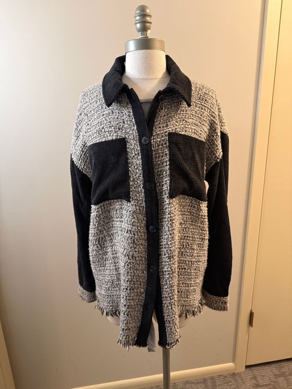 Hem & Thread Black and White Button-Down Patch Pocket Shirt Jacket